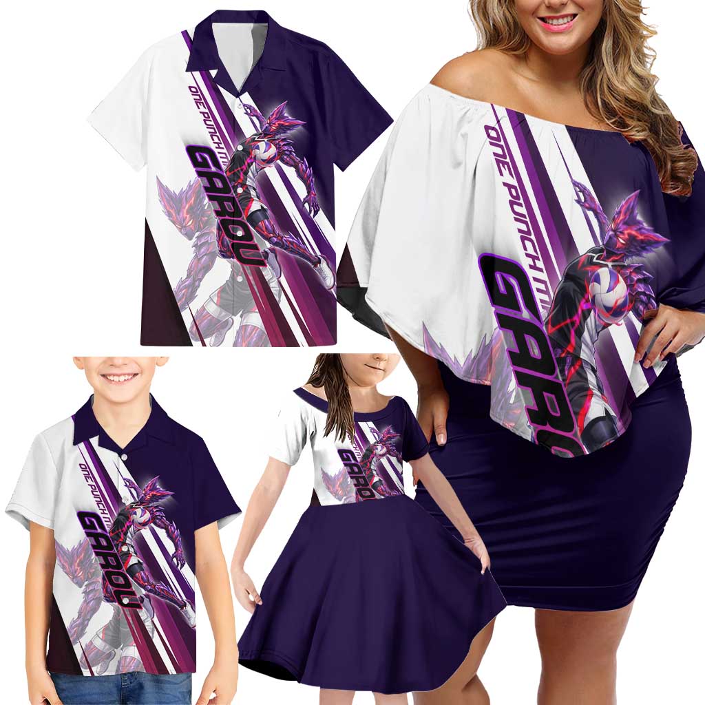 Personalized Garou Monster Volleyball Design Family Matching Off Shoulder Short Dress and Hawaiian Shirt with Dynamic Pose, Purple and White Diagonal Stripes Featuring One Punch Man Anime Theme