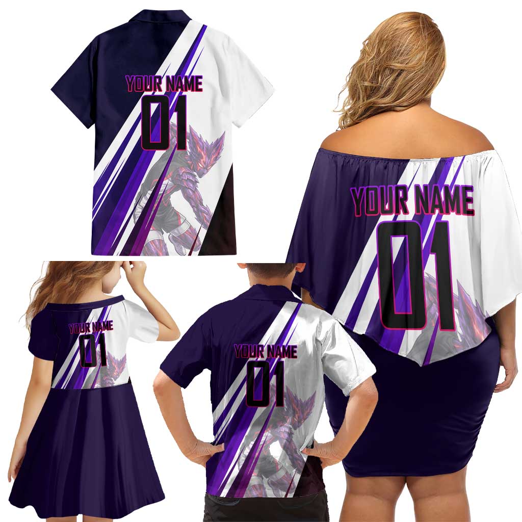 Personalized Garou Monster Volleyball Design Family Matching Off Shoulder Short Dress and Hawaiian Shirt with Dynamic Pose, Purple and White Diagonal Stripes Featuring One Punch Man Anime Theme