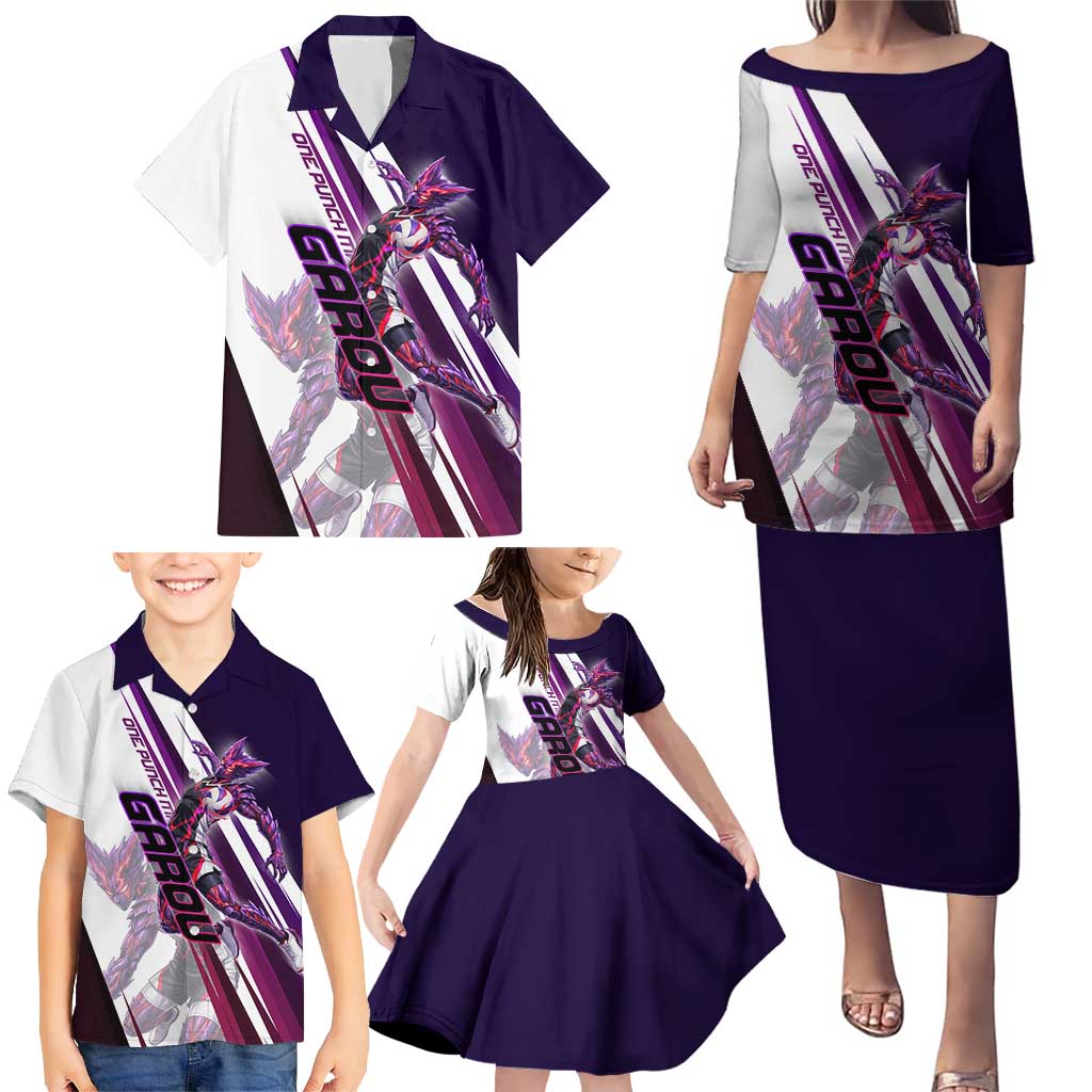Personalized Garou Monster Volleyball Design Family Matching Puletasi and Hawaiian Shirt with Dynamic Pose, Purple and White Diagonal Stripes Featuring One Punch Man Anime Theme