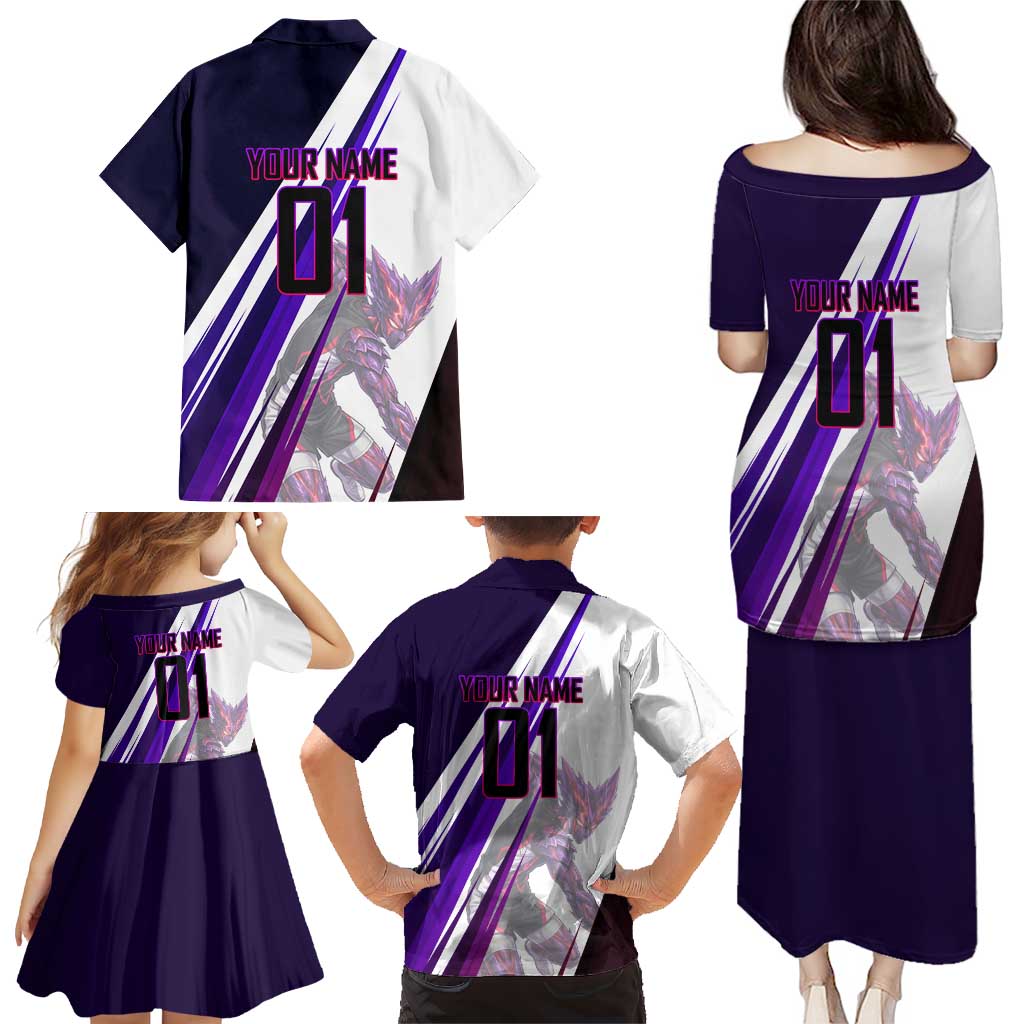 Personalized Garou Monster Volleyball Design Family Matching Puletasi and Hawaiian Shirt with Dynamic Pose, Purple and White Diagonal Stripes Featuring One Punch Man Anime Theme