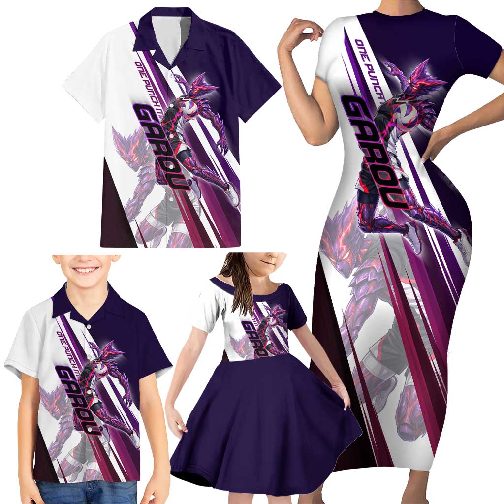 Personalized Garou Monster Volleyball Design Family Matching Short Sleeve Bodycon Dress and Hawaiian Shirt with Dynamic Pose, Purple and White Diagonal Stripes Featuring One Punch Man Anime Theme