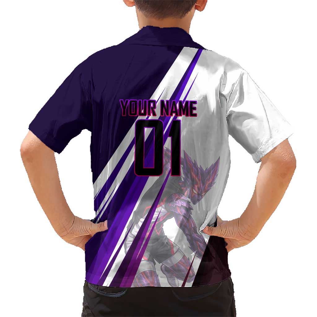 Personalized Garou Monster Volleyball Design Family Matching Short Sleeve Bodycon Dress and Hawaiian Shirt with Dynamic Pose, Purple and White Diagonal Stripes Featuring One Punch Man Anime Theme