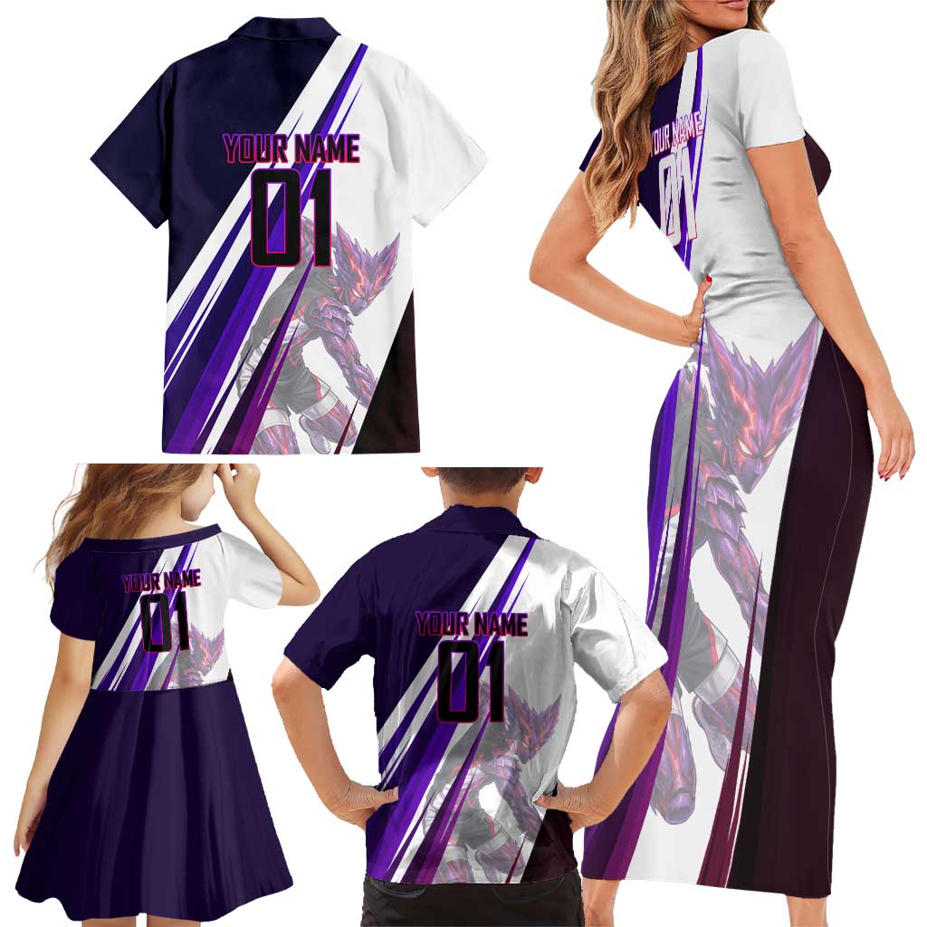 Personalized Garou Monster Volleyball Design Family Matching Short Sleeve Bodycon Dress and Hawaiian Shirt with Dynamic Pose, Purple and White Diagonal Stripes Featuring One Punch Man Anime Theme