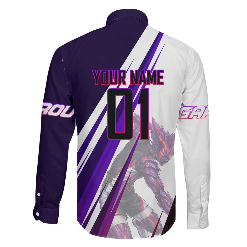 Personalized Garou Monster Volleyball Design Family Matching Short Sleeve Bodycon Dress and Hawaiian Shirt with Dynamic Pose, Purple and White Diagonal Stripes Featuring One Punch Man Anime Theme