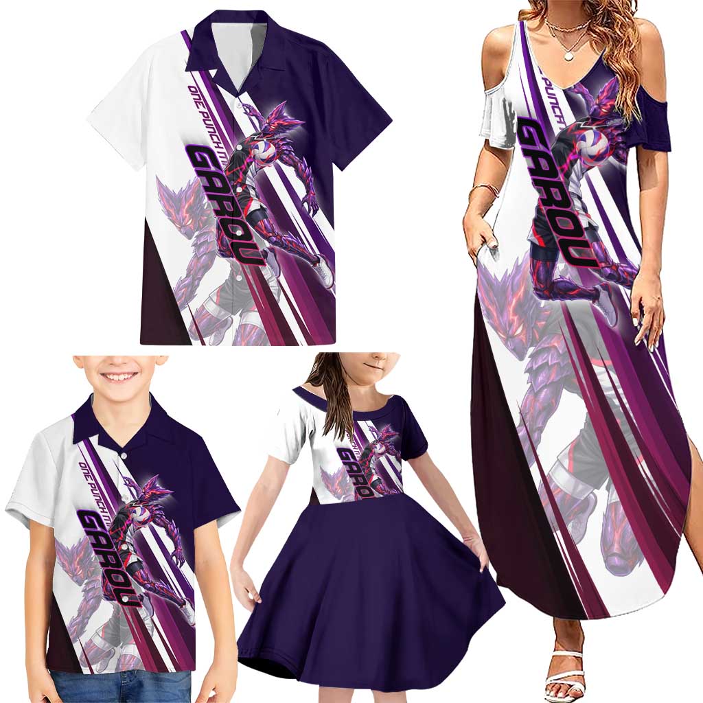 Personalized Garou Monster Volleyball Design Family Matching Summer Maxi Dress and Hawaiian Shirt with Dynamic Pose, Purple and White Diagonal Stripes Featuring One Punch Man Anime Theme