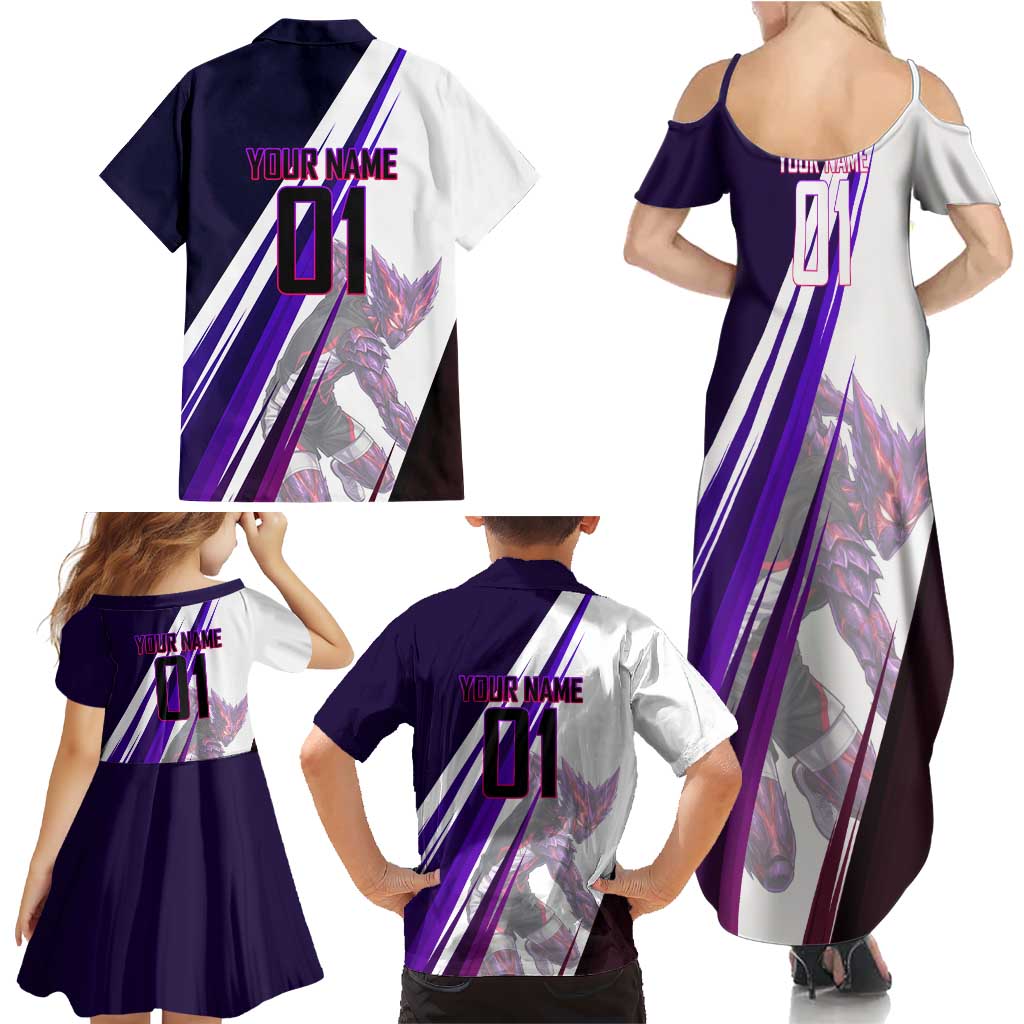 Personalized Garou Monster Volleyball Design Family Matching Summer Maxi Dress and Hawaiian Shirt with Dynamic Pose, Purple and White Diagonal Stripes Featuring One Punch Man Anime Theme