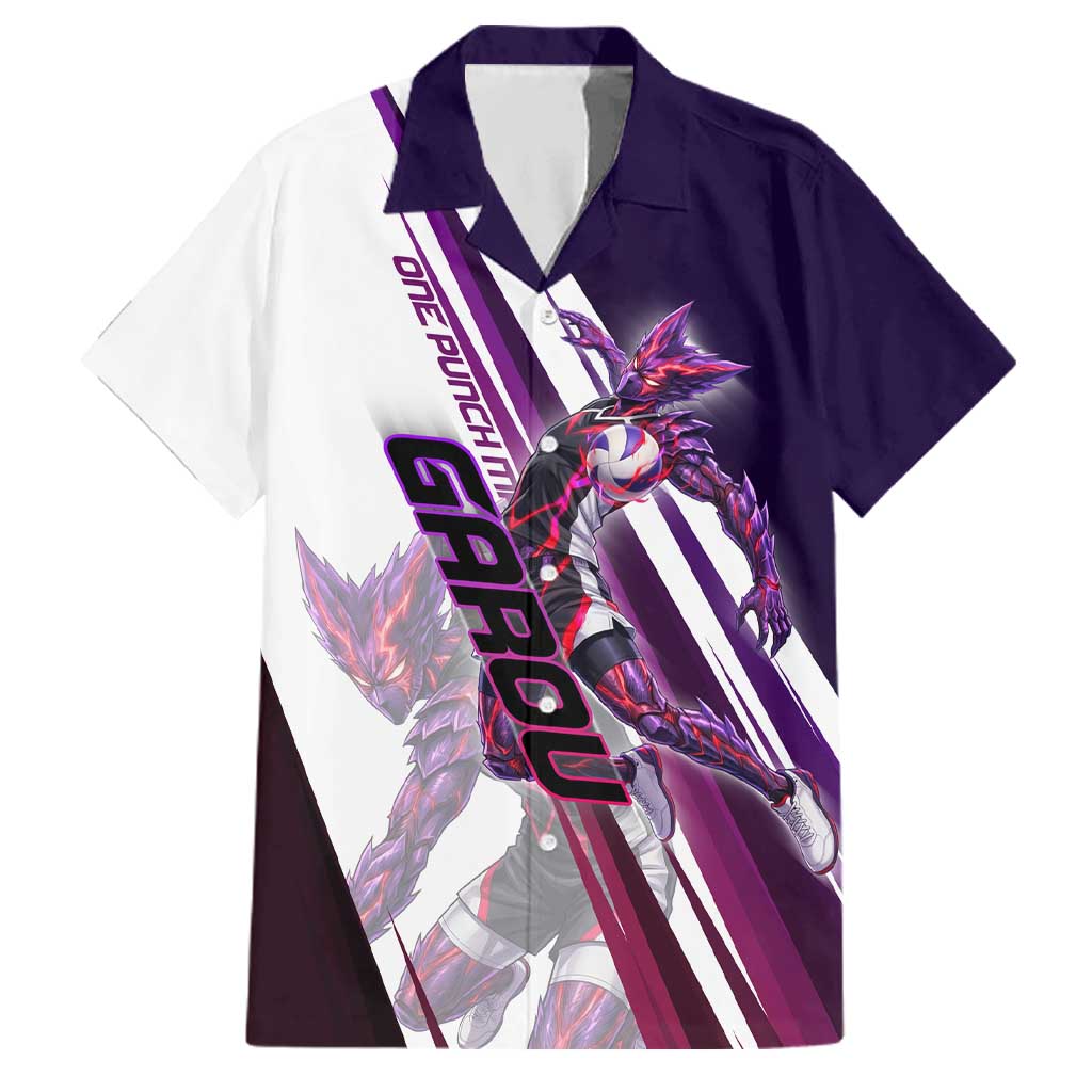 Personalized Garou Monster Volleyball Design Family Matching Summer Maxi Dress and Hawaiian Shirt with Dynamic Pose, Purple and White Diagonal Stripes Featuring One Punch Man Anime Theme