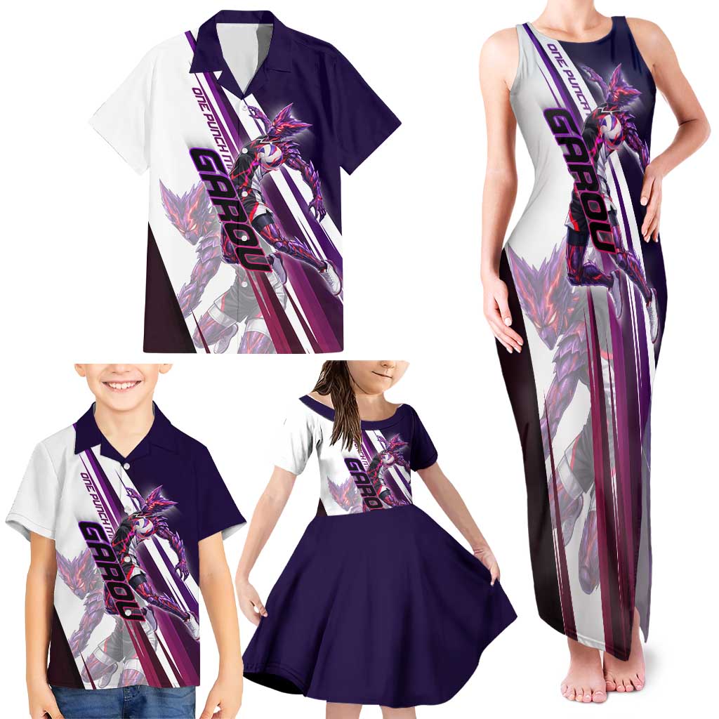 Personalized Garou Monster Volleyball Design Family Matching Tank Maxi Dress and Hawaiian Shirt with Dynamic Pose, Purple and White Diagonal Stripes Featuring One Punch Man Anime Theme