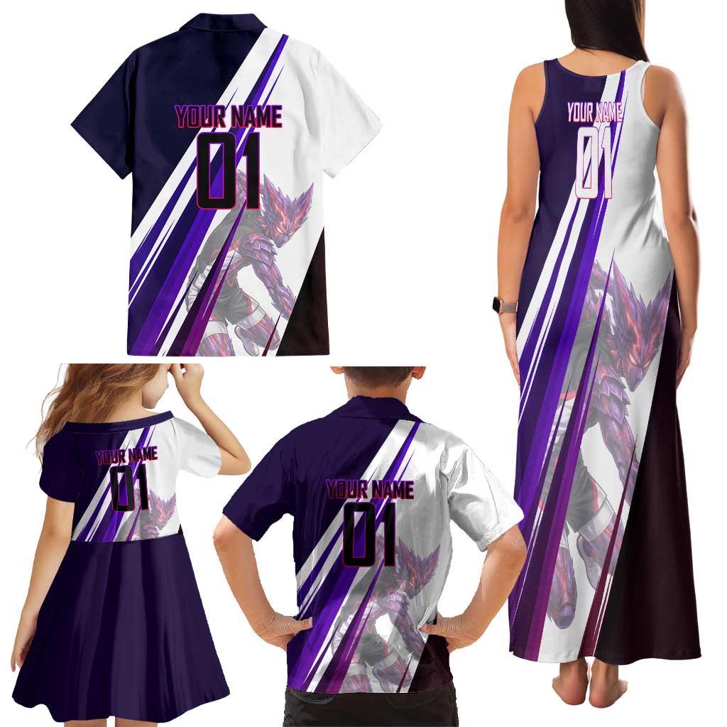 Personalized Garou Monster Volleyball Design Family Matching Tank Maxi Dress and Hawaiian Shirt with Dynamic Pose, Purple and White Diagonal Stripes Featuring One Punch Man Anime Theme