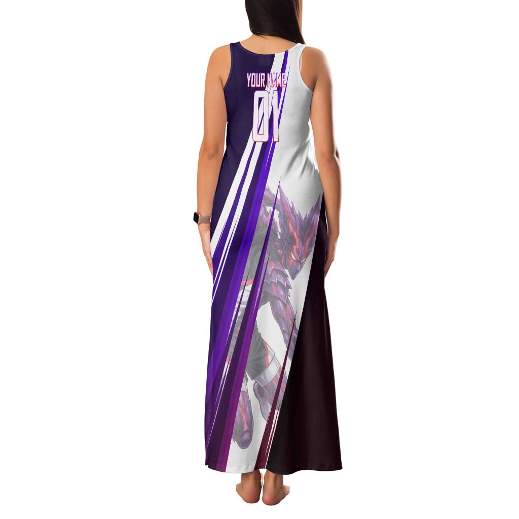 Personalized Garou Monster Volleyball Design Family Matching Tank Maxi Dress and Hawaiian Shirt with Dynamic Pose, Purple and White Diagonal Stripes Featuring One Punch Man Anime Theme