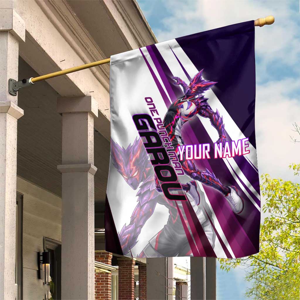Personalized Garou Monster Volleyball Design Garden Flag with Dynamic Pose, Purple and White Diagonal Stripes Featuring One Punch Man Anime Theme