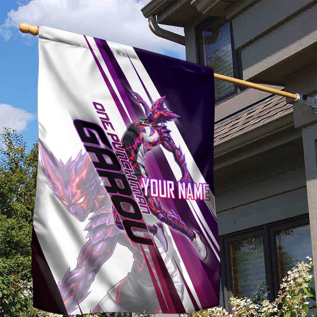 Personalized Garou Monster Volleyball Design Garden Flag with Dynamic Pose, Purple and White Diagonal Stripes Featuring One Punch Man Anime Theme