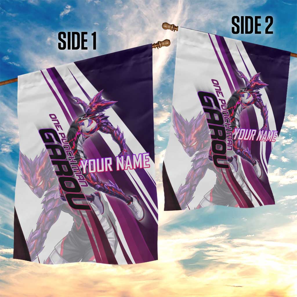 Personalized Garou Monster Volleyball Design Garden Flag with Dynamic Pose, Purple and White Diagonal Stripes Featuring One Punch Man Anime Theme