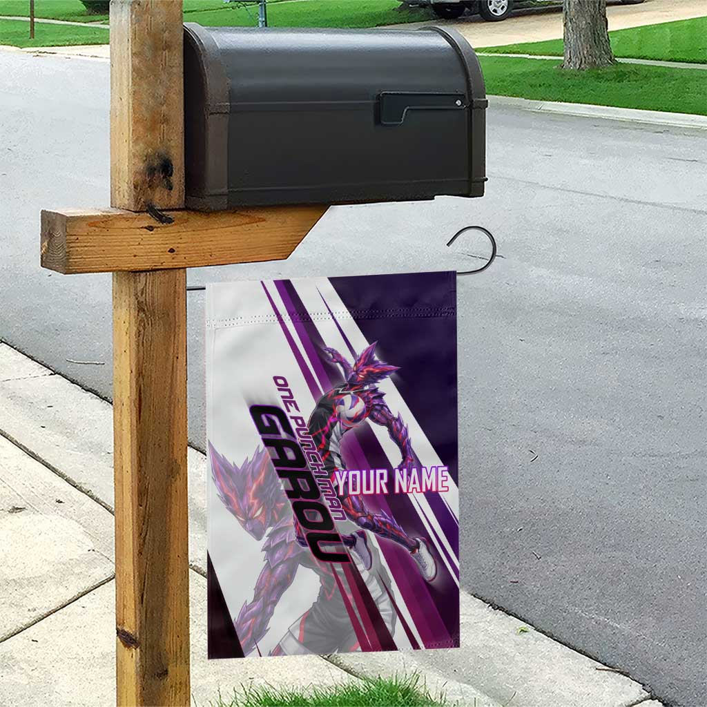 Personalized Garou Monster Volleyball Design Garden Flag with Dynamic Pose, Purple and White Diagonal Stripes Featuring One Punch Man Anime Theme