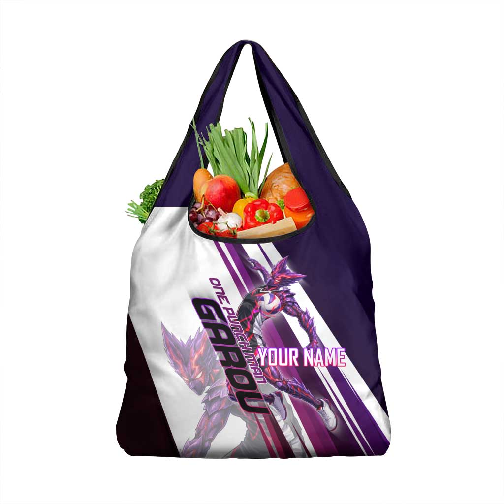 Personalized Garou Monster Volleyball Design Grocery Bag with Dynamic Pose, Purple and White Diagonal Stripes Featuring One Punch Man Anime Theme