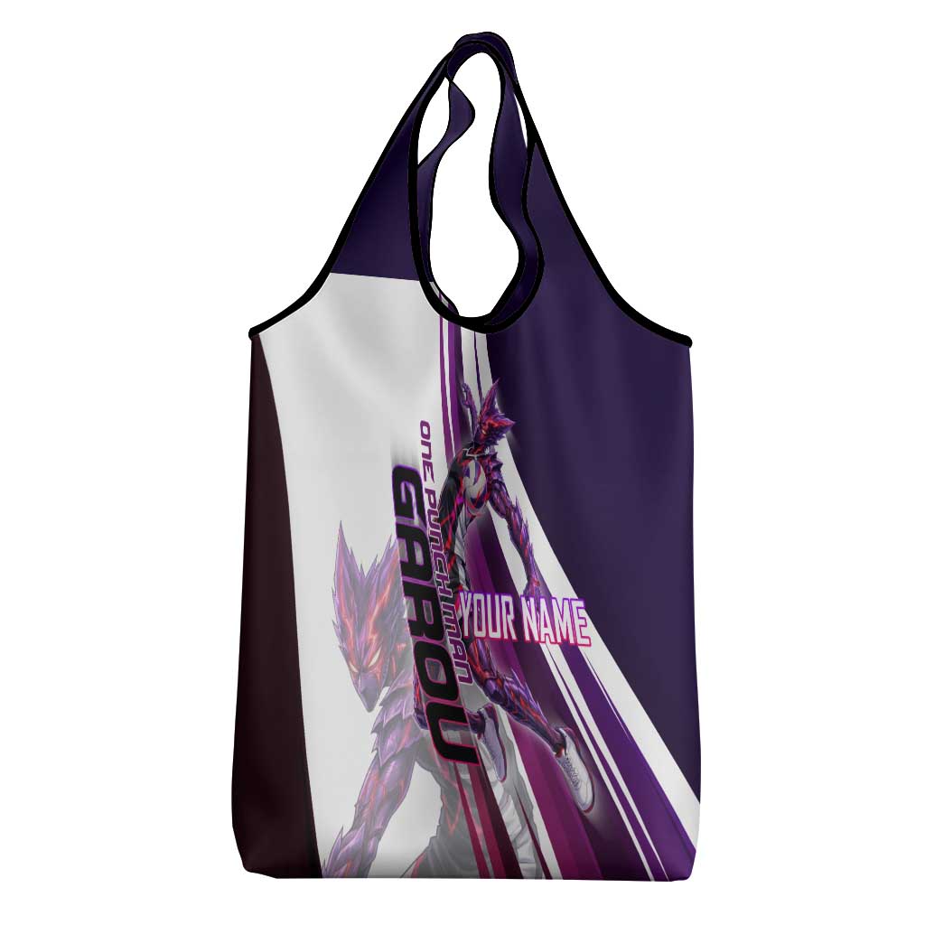 Personalized Garou Monster Volleyball Design Grocery Bag with Dynamic Pose, Purple and White Diagonal Stripes Featuring One Punch Man Anime Theme