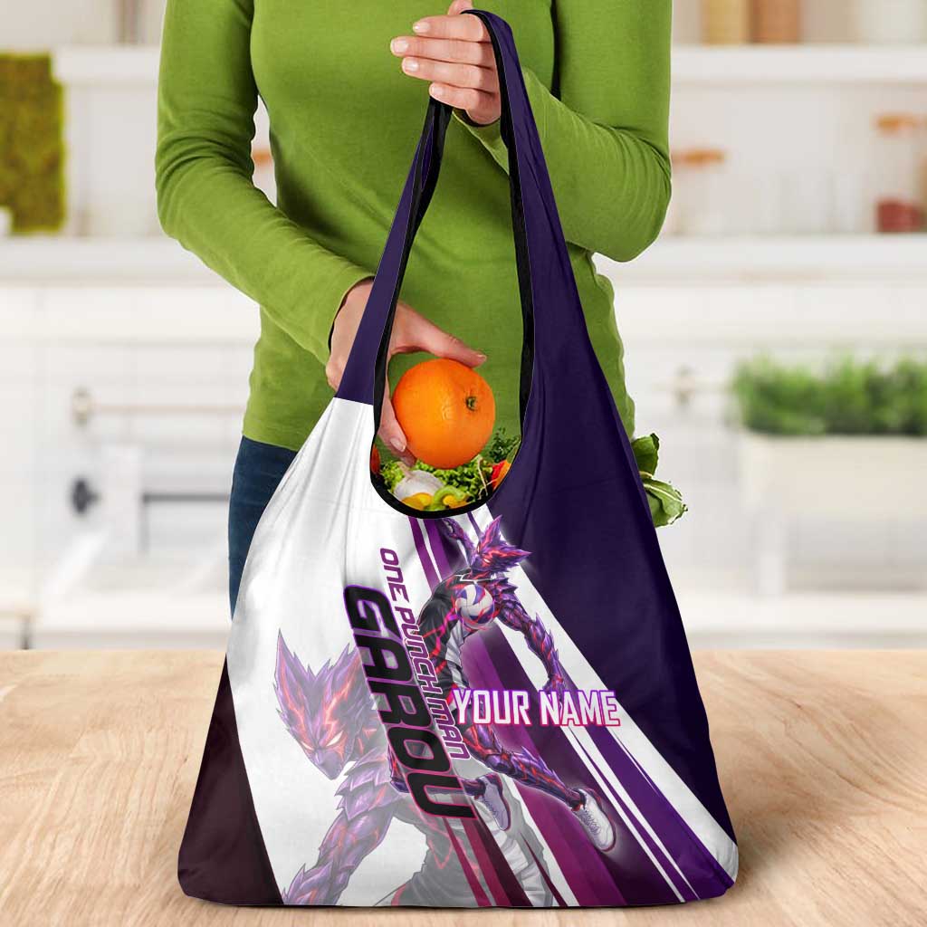 Personalized Garou Monster Volleyball Design Grocery Bag with Dynamic Pose, Purple and White Diagonal Stripes Featuring One Punch Man Anime Theme