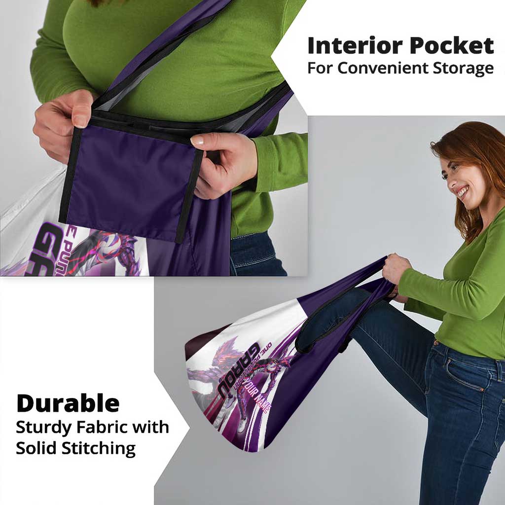 Personalized Garou Monster Volleyball Design Grocery Bag with Dynamic Pose, Purple and White Diagonal Stripes Featuring One Punch Man Anime Theme