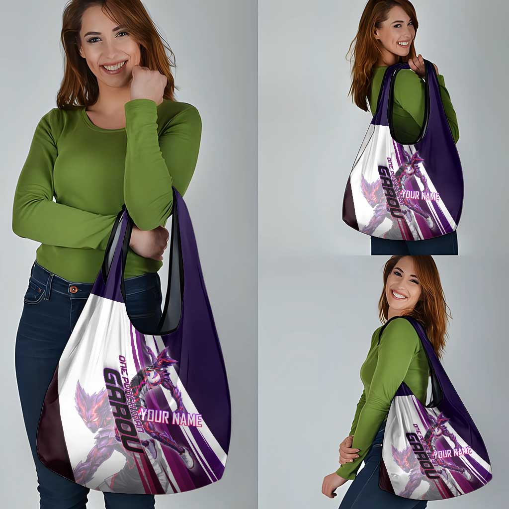 Personalized Garou Monster Volleyball Design Grocery Bag with Dynamic Pose, Purple and White Diagonal Stripes Featuring One Punch Man Anime Theme