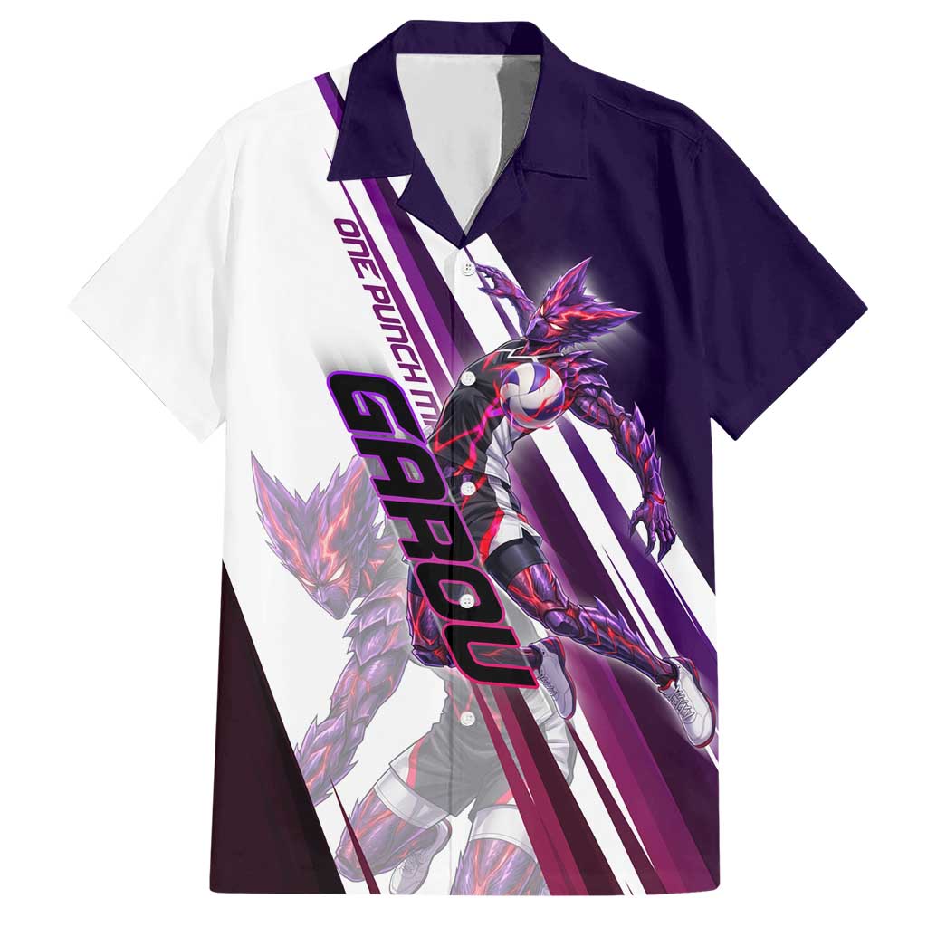 Personalized Garou Monster Volleyball Design Hawaiian Shirt with Dynamic Pose, Purple and White Diagonal Stripes Featuring One Punch Man Anime Theme