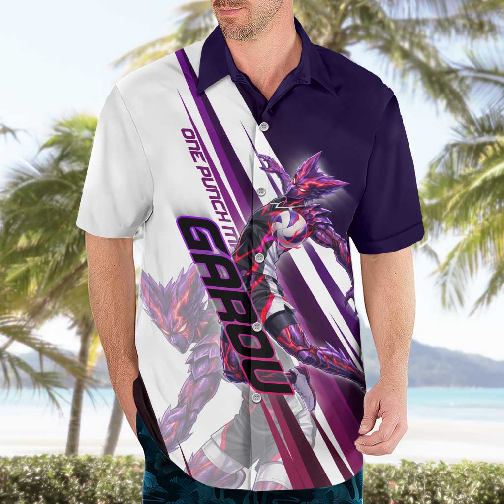 Personalized Garou Monster Volleyball Design Hawaiian Shirt with Dynamic Pose, Purple and White Diagonal Stripes Featuring One Punch Man Anime Theme