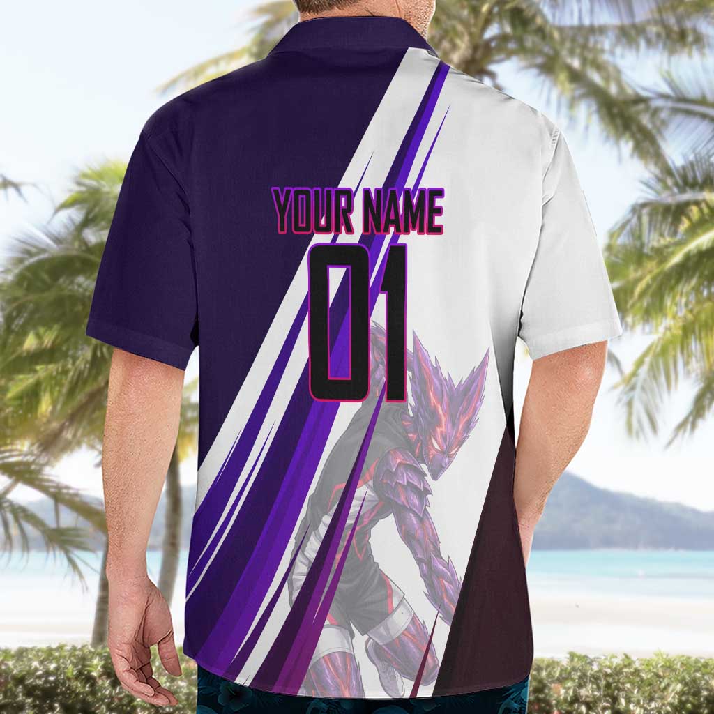 Personalized Garou Monster Volleyball Design Hawaiian Shirt with Dynamic Pose, Purple and White Diagonal Stripes Featuring One Punch Man Anime Theme