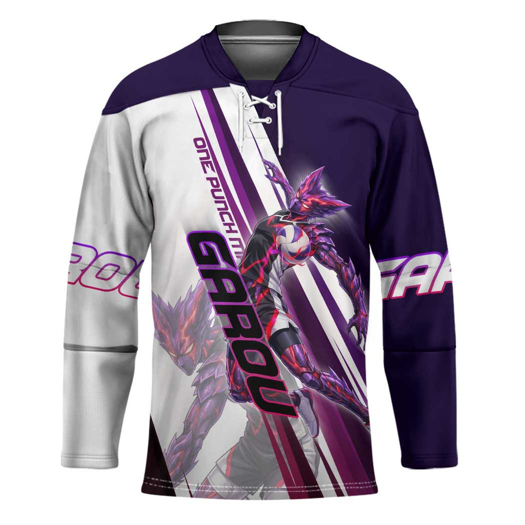 Personalized Garou Monster Volleyball Design Hockey Jersey with Dynamic Pose, Purple and White Diagonal Stripes Featuring One Punch Man Anime Theme
