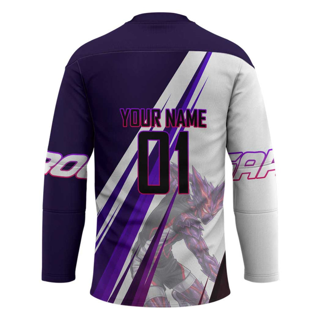 Personalized Garou Monster Volleyball Design Hockey Jersey with Dynamic Pose, Purple and White Diagonal Stripes Featuring One Punch Man Anime Theme
