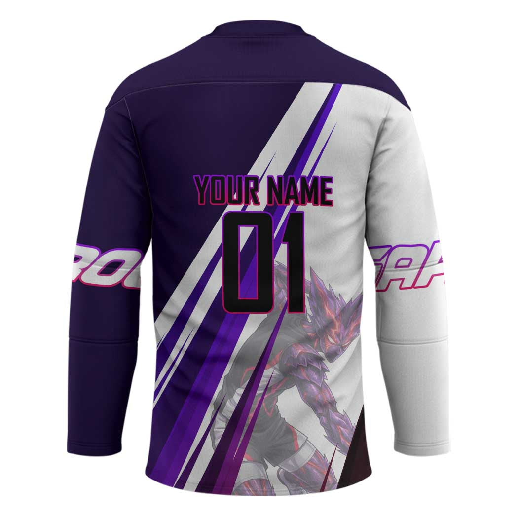 Personalized Garou Monster Volleyball Design Hockey Jersey with Dynamic Pose, Purple and White Diagonal Stripes Featuring One Punch Man Anime Theme