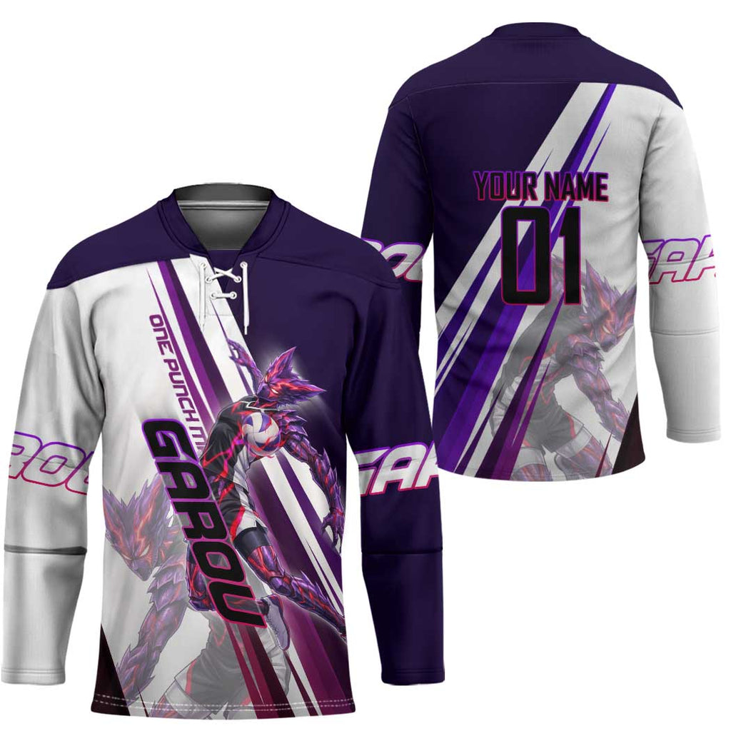 Personalized Garou Monster Volleyball Design Hockey Jersey with Dynamic Pose, Purple and White Diagonal Stripes Featuring One Punch Man Anime Theme