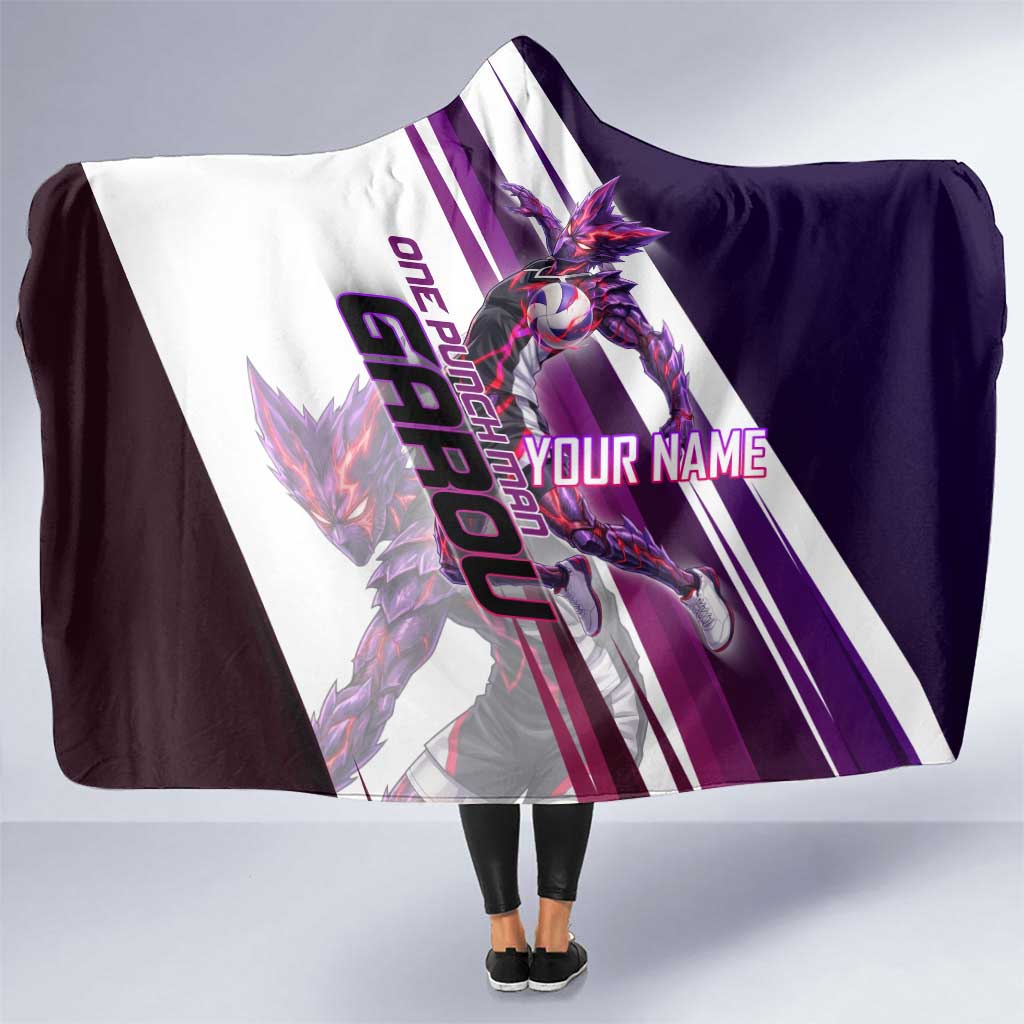 Personalized Garou Monster Volleyball Design Hooded Blanket with Dynamic Pose, Purple and White Diagonal Stripes Featuring One Punch Man Anime Theme