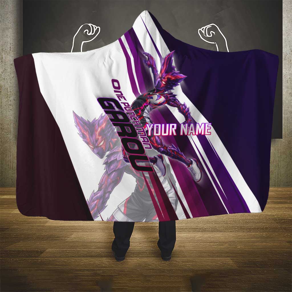 Personalized Garou Monster Volleyball Design Hooded Blanket with Dynamic Pose, Purple and White Diagonal Stripes Featuring One Punch Man Anime Theme