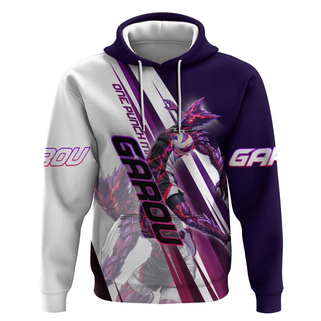 Personalized Garou Monster Volleyball Design Hoodie with Dynamic Pose, Purple and White Diagonal Stripes Featuring One Punch Man Anime Theme