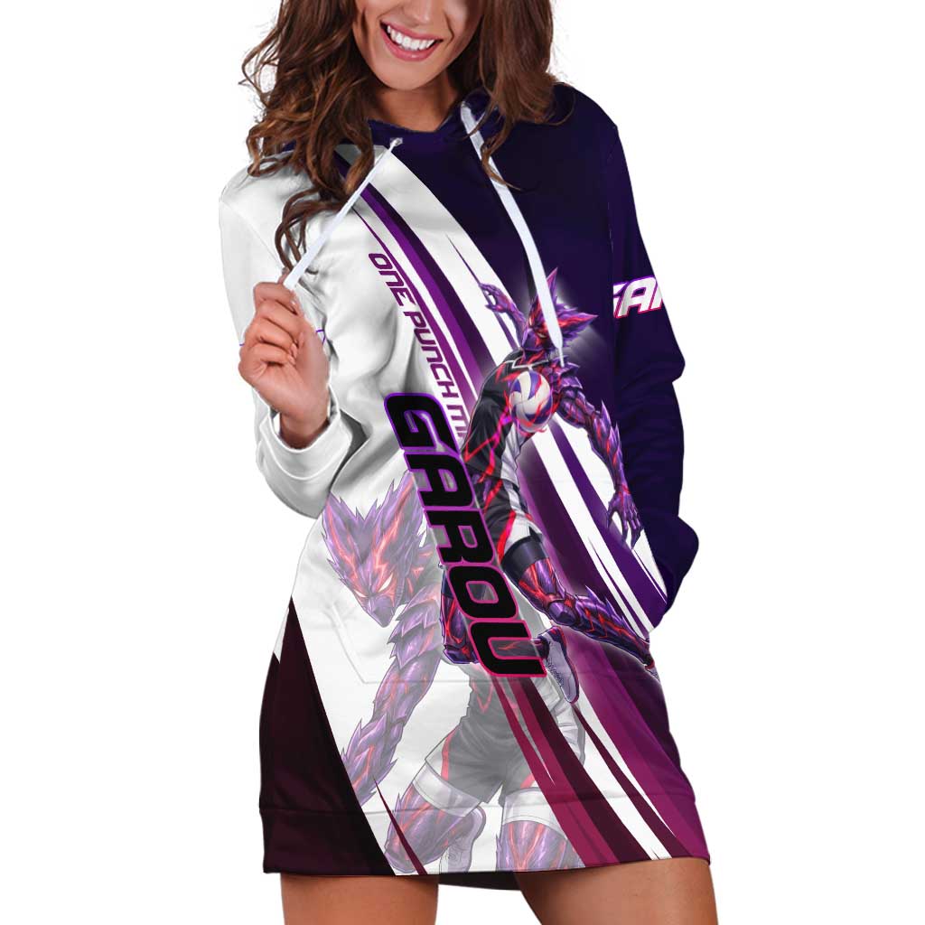 Personalized Garou Monster Volleyball Design Hoodie Dress with Dynamic Pose, Purple and White Diagonal Stripes Featuring One Punch Man Anime Theme