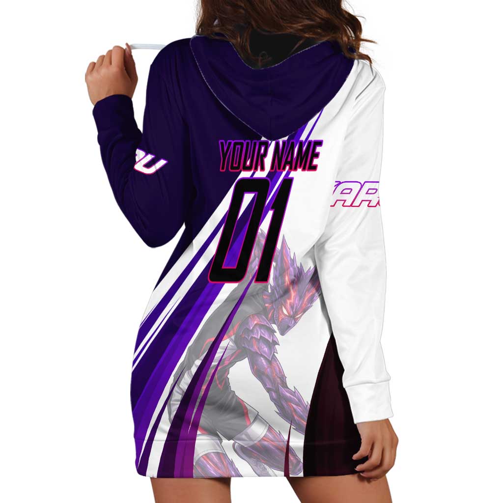 Personalized Garou Monster Volleyball Design Hoodie Dress with Dynamic Pose, Purple and White Diagonal Stripes Featuring One Punch Man Anime Theme