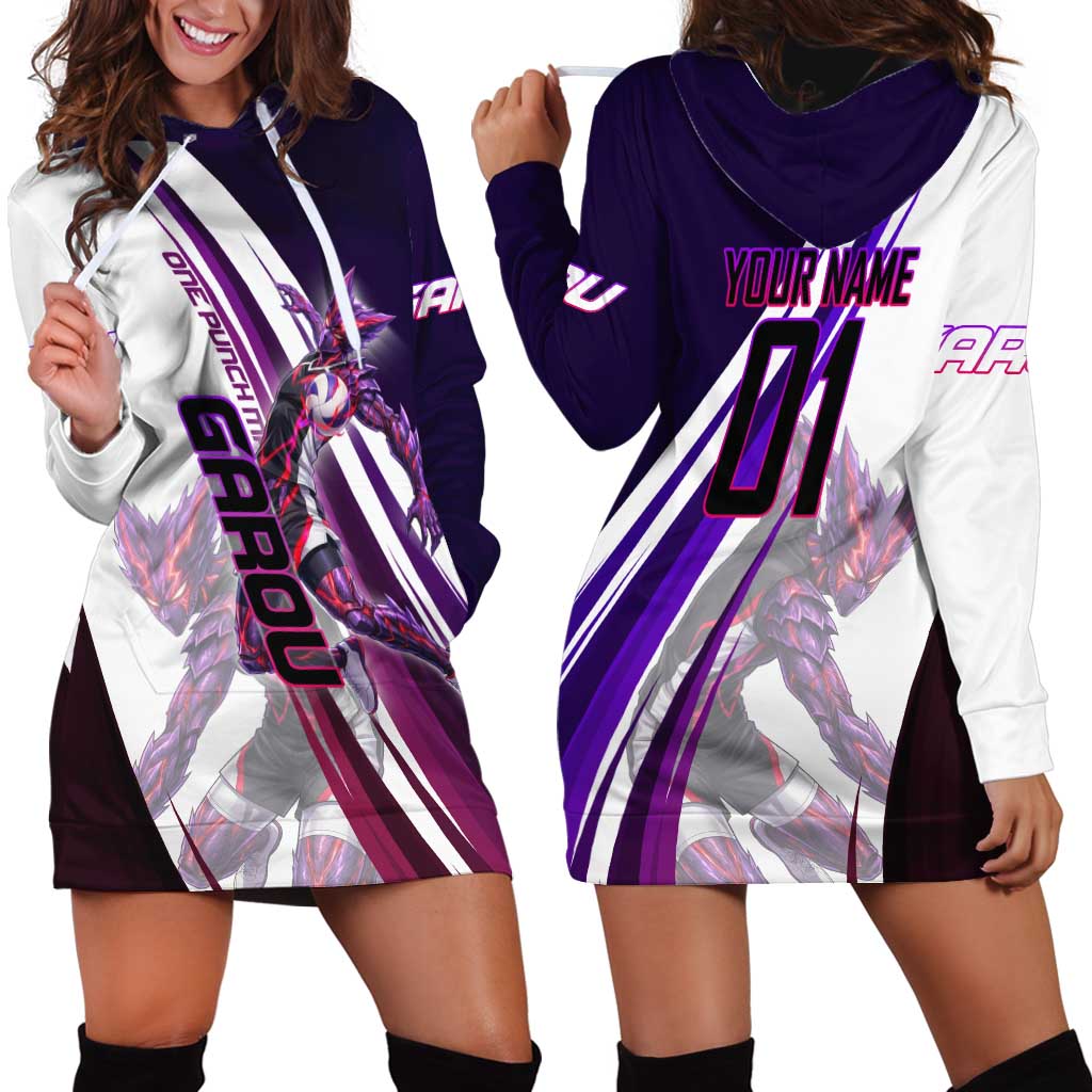 Personalized Garou Monster Volleyball Design Hoodie Dress with Dynamic Pose, Purple and White Diagonal Stripes Featuring One Punch Man Anime Theme
