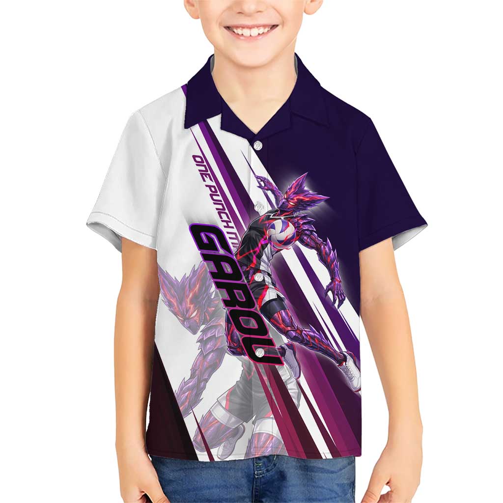 Personalized Garou Monster Volleyball Design Kid Hawaiian Shirt with Dynamic Pose, Purple and White Diagonal Stripes Featuring One Punch Man Anime Theme