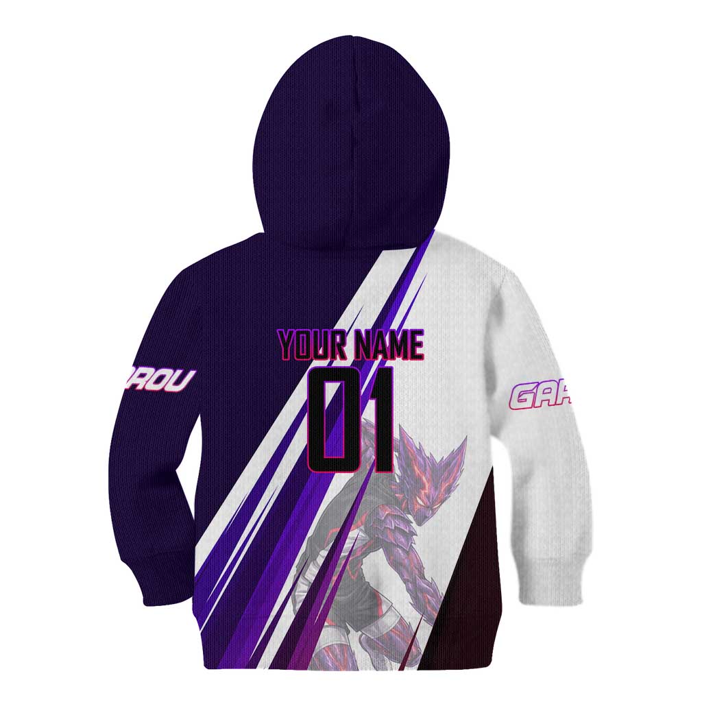 Personalized Garou Monster Volleyball Design Kid Hoodie with Dynamic Pose, Purple and White Diagonal Stripes Featuring One Punch Man Anime Theme
