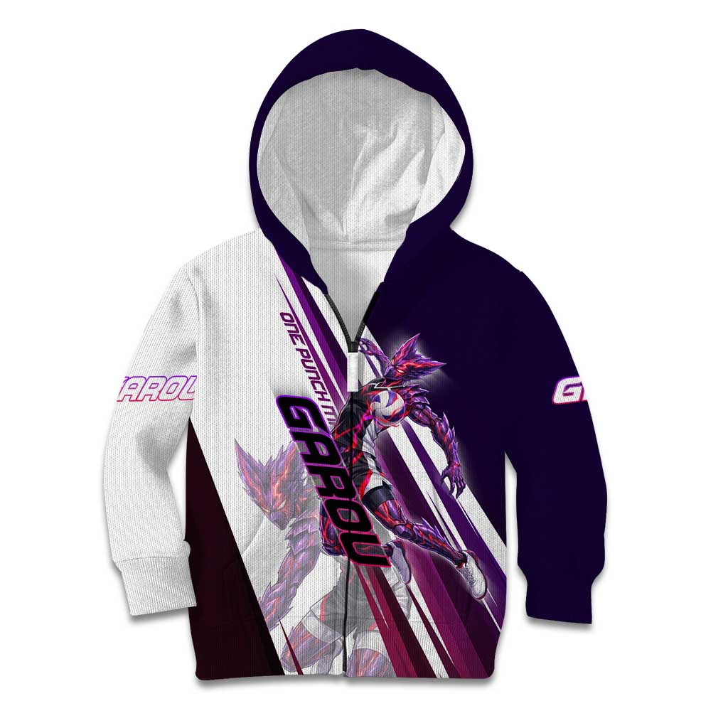 Personalized Garou Monster Volleyball Design Kid Hoodie with Dynamic Pose, Purple and White Diagonal Stripes Featuring One Punch Man Anime Theme