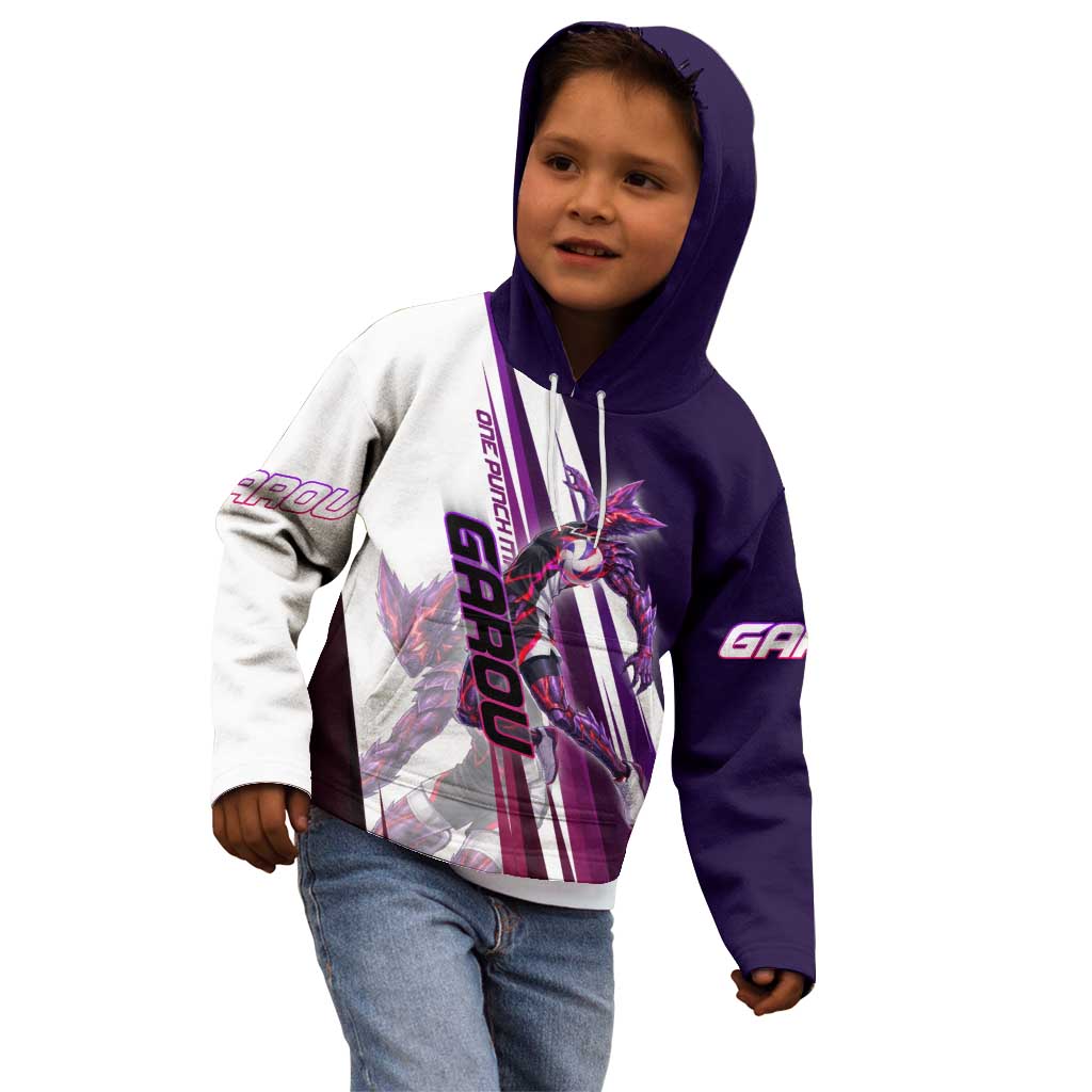 Personalized Garou Monster Volleyball Design Kid Hoodie with Dynamic Pose, Purple and White Diagonal Stripes Featuring One Punch Man Anime Theme