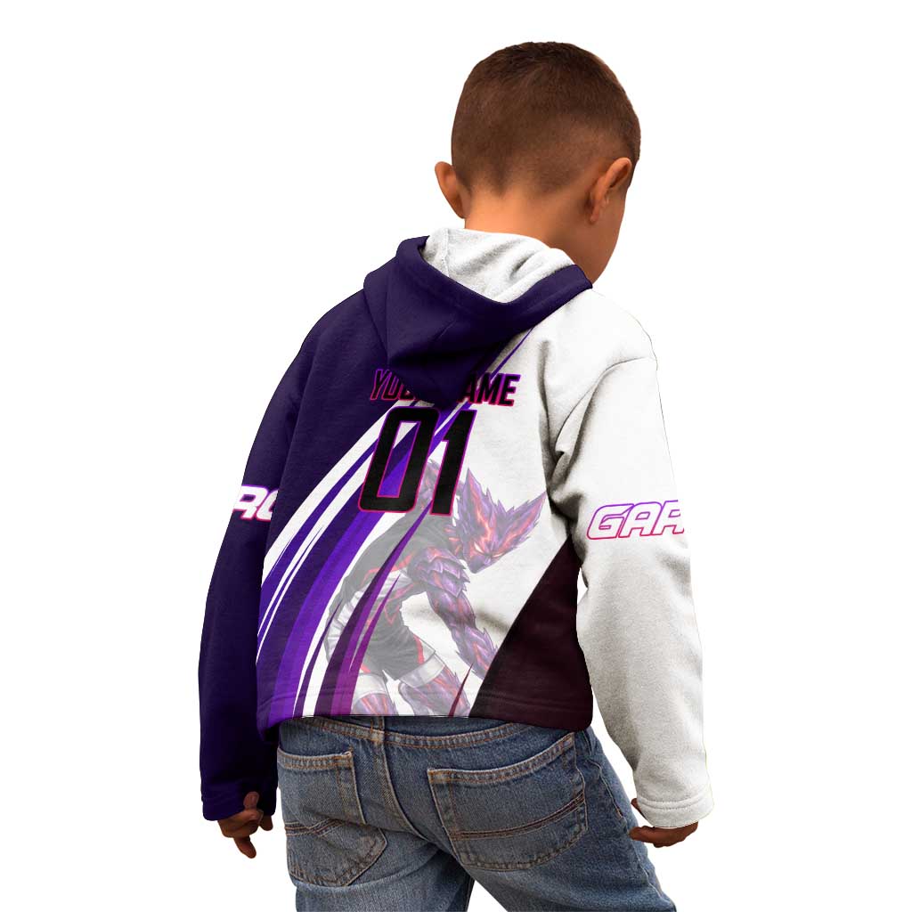 Personalized Garou Monster Volleyball Design Kid Hoodie with Dynamic Pose, Purple and White Diagonal Stripes Featuring One Punch Man Anime Theme