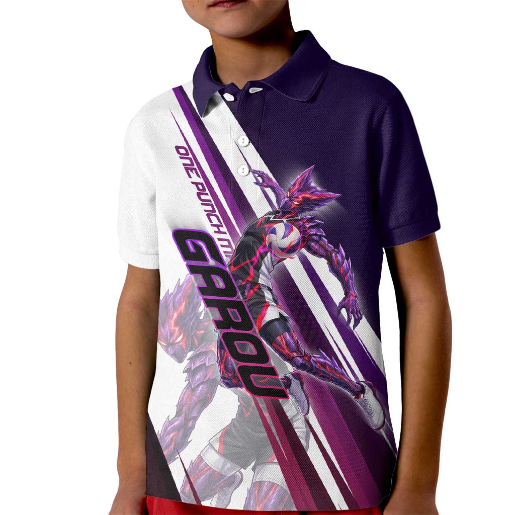 Personalized Garou Monster Volleyball Design Kid Polo Shirt with Dynamic Pose, Purple and White Diagonal Stripes Featuring One Punch Man Anime Theme