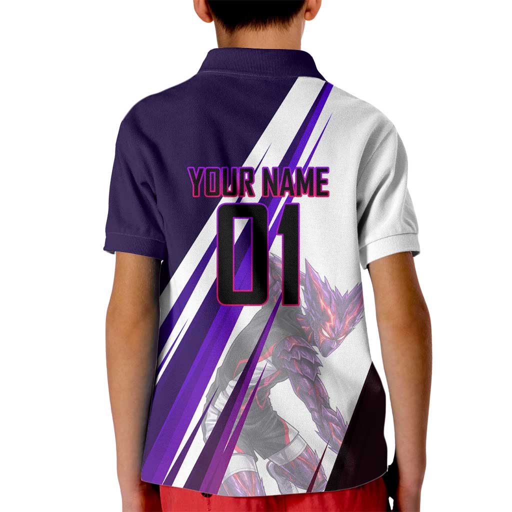 Personalized Garou Monster Volleyball Design Kid Polo Shirt with Dynamic Pose, Purple and White Diagonal Stripes Featuring One Punch Man Anime Theme