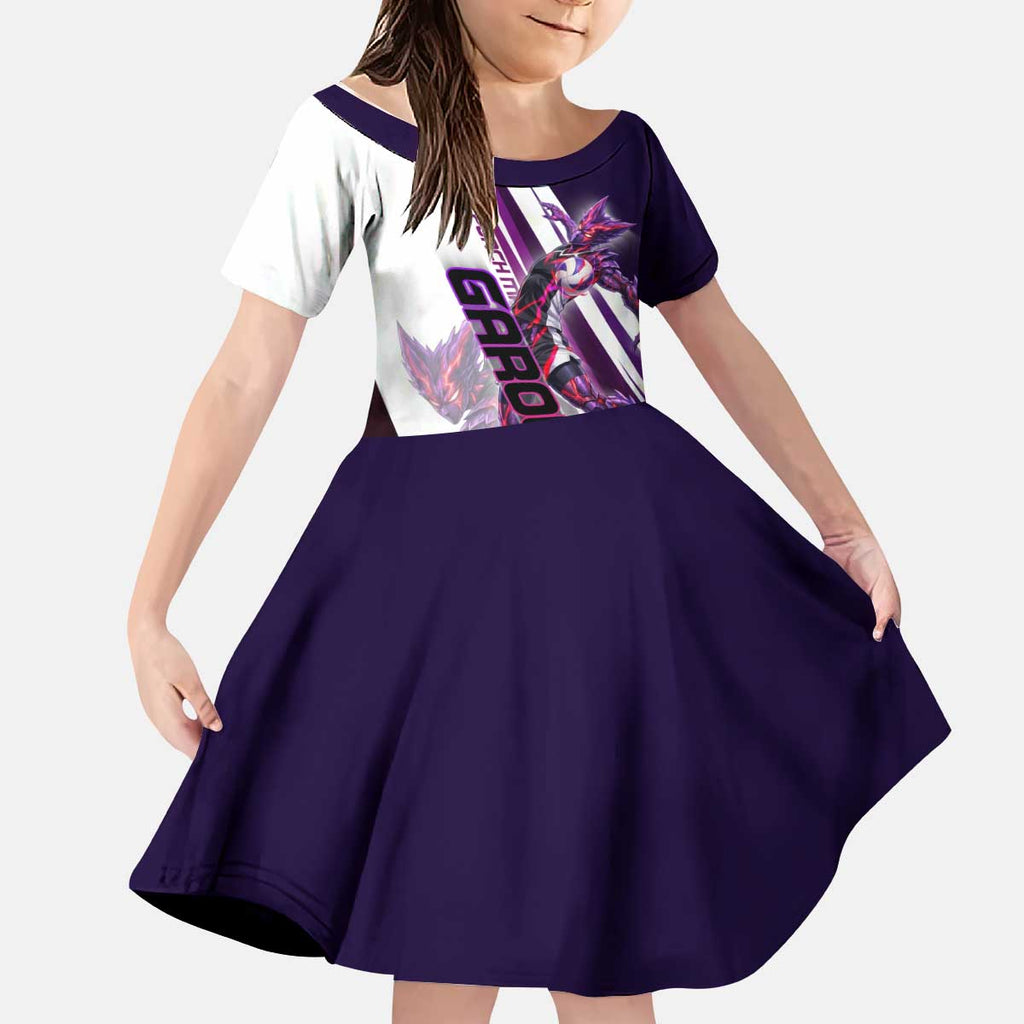 Personalized Garou Monster Volleyball Design Kid Short Sleeve Dress with Dynamic Pose, Purple and White Diagonal Stripes Featuring One Punch Man Anime Theme