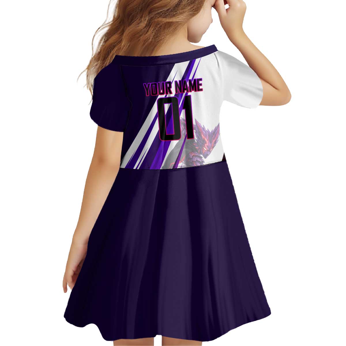 Personalized Garou Monster Volleyball Design Kid Short Sleeve Dress with Dynamic Pose, Purple and White Diagonal Stripes Featuring One Punch Man Anime Theme