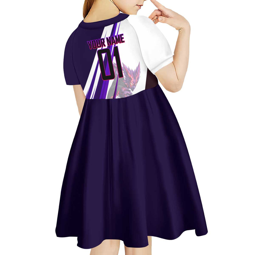 Personalized Garou Monster Volleyball Design Kid Short Sleeve Dress with Dynamic Pose, Purple and White Diagonal Stripes Featuring One Punch Man Anime Theme