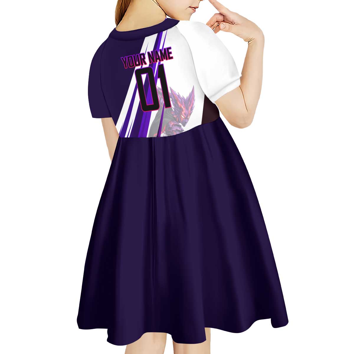 Personalized Garou Monster Volleyball Design Kid Short Sleeve Dress with Dynamic Pose, Purple and White Diagonal Stripes Featuring One Punch Man Anime Theme