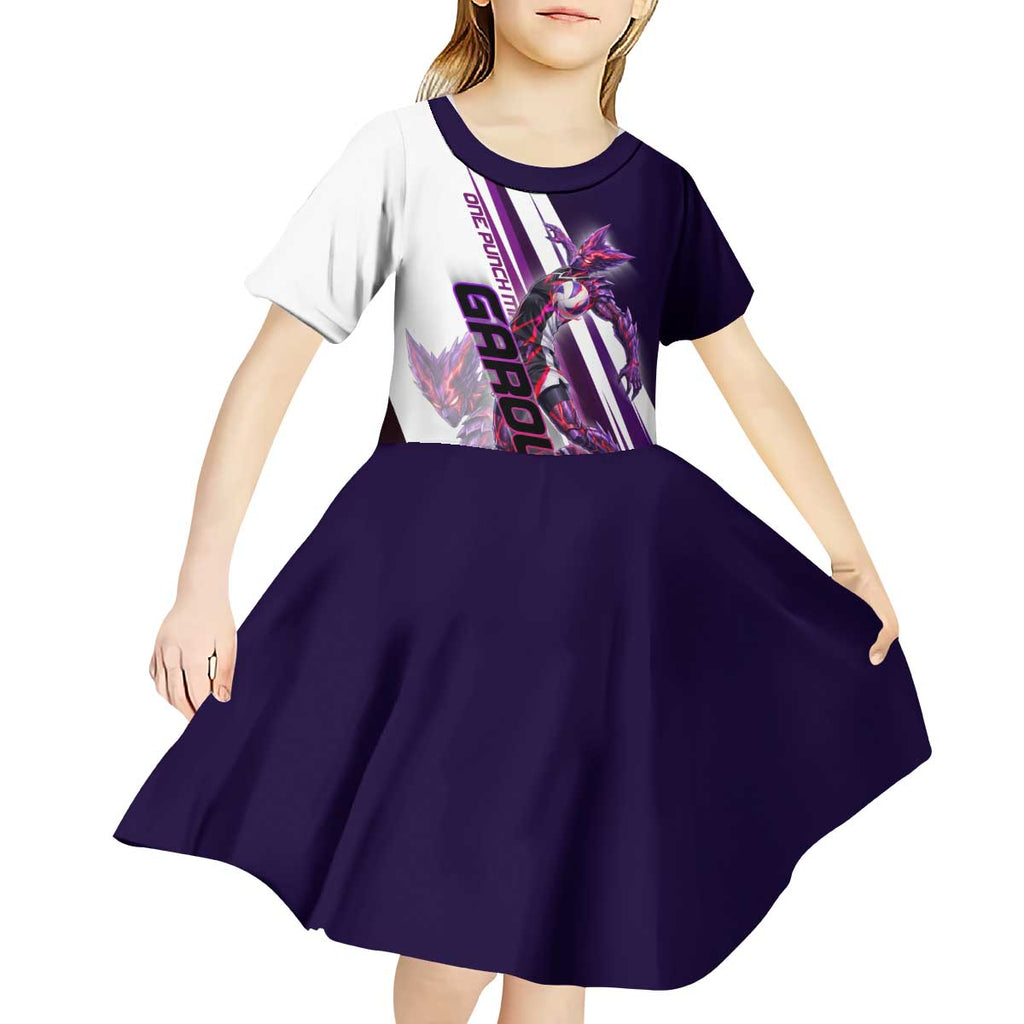 Personalized Garou Monster Volleyball Design Kid Short Sleeve Dress with Dynamic Pose, Purple and White Diagonal Stripes Featuring One Punch Man Anime Theme