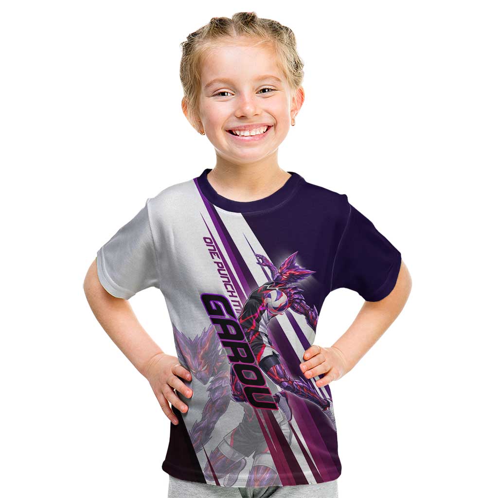 Personalized Garou Monster Volleyball Design Kid T Shirt with Dynamic Pose, Purple and White Diagonal Stripes Featuring One Punch Man Anime Theme
