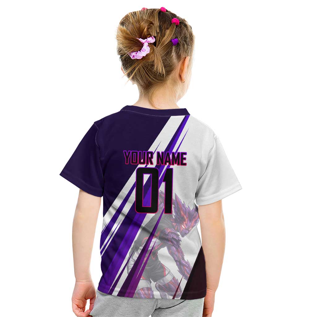 Personalized Garou Monster Volleyball Design Kid T Shirt with Dynamic Pose, Purple and White Diagonal Stripes Featuring One Punch Man Anime Theme